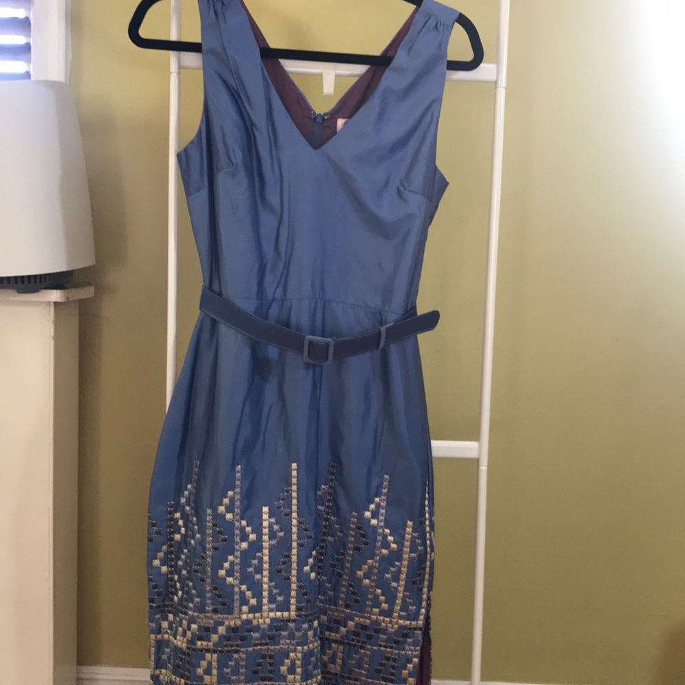 Blue Satin dress with belt and embroidered bottom